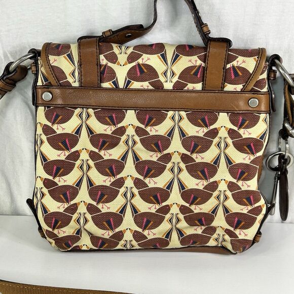 Rare Fossil Vintage Bird Print Canvas Messenger Turn Lock Bag Handle Crossbody - Picture 4 of 12